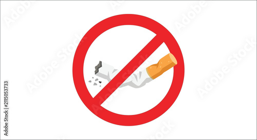 фотографія No smoking sign with a discarded cigarette and red prohibition circle on a white