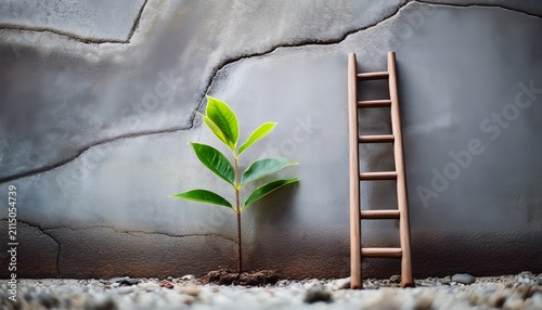 small green plant sprouting from a crack in gray concrete beside a wooden ladder symbolizing resilience growth and aspiration against adversity