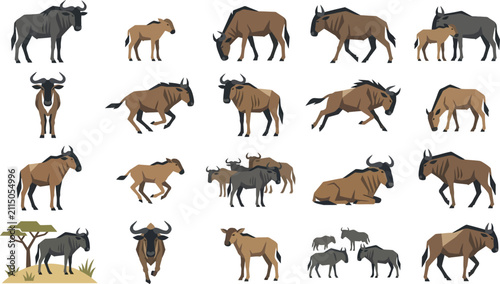 Photography Set of wildebeest icons in flat geometric style showing various poses and activi
