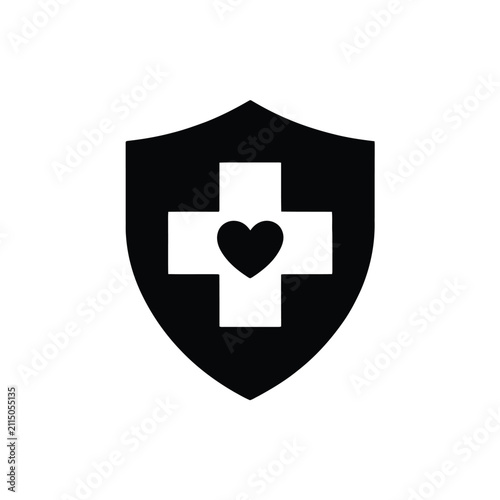Shield with cross and heart icon symbol graphic healthcare concept.