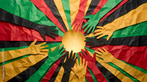 Many colorful human hands reaching toward a bright glowing sun center representing unity diversity and community teamwork concept
