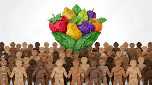 Group of diverse people standing together holding a large bunch of colorful fresh fruits and vegetables representing healthy community food nutrition
