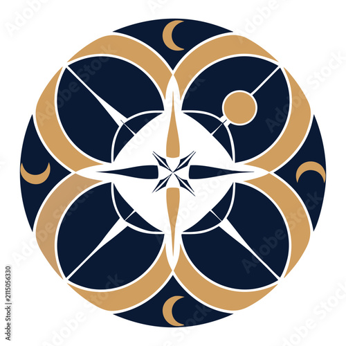 Celestial compass mandala golden and navy blue vector illustration