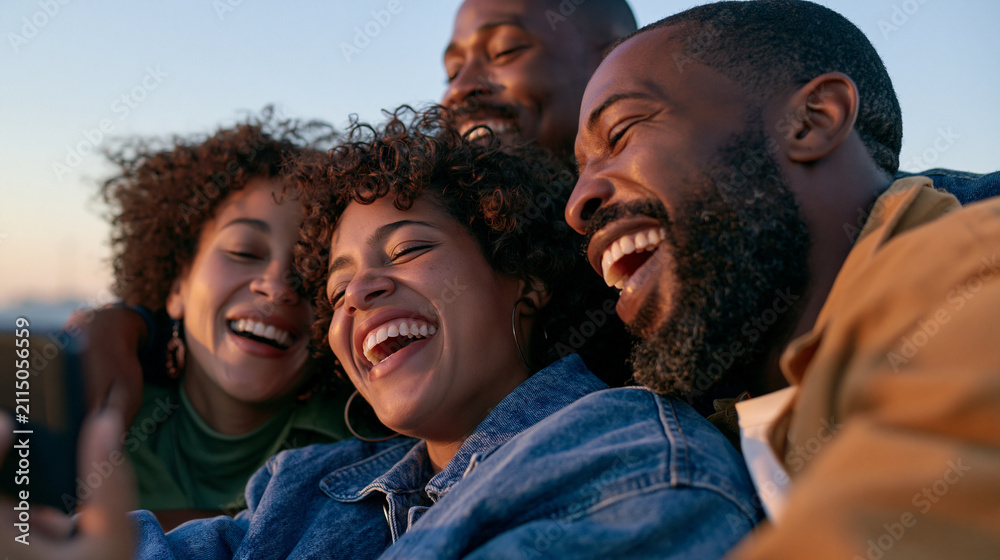 Obraz premium Documentary style photography of human connection and collective joy. A diverse group of four young travelers and locals huddled together and laughing uncontrollably while looking