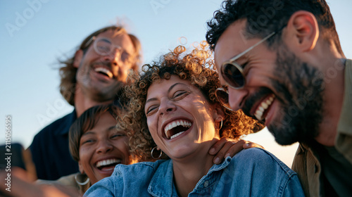 Documentary style photography of human connection and collective joy. A diverse group of four young travelers and locals huddled together and laughing uncontrollably while looking