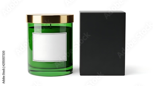 A green glass jar with a gold lid and a black box