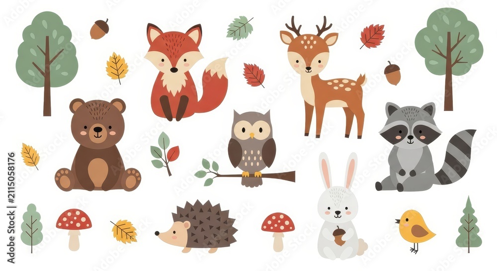 Fototapeta premium Cute Forest Animals Vector Illustration Set with Fox, Bear, Deer, Owl, Raccoon, Hedgehog, Rabbit, and Autumn Leaves