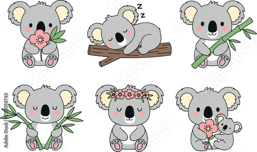 Photography Cute Koala Bear Character Vector Set with Sleeping, Holding Flowers, Bamboo, and