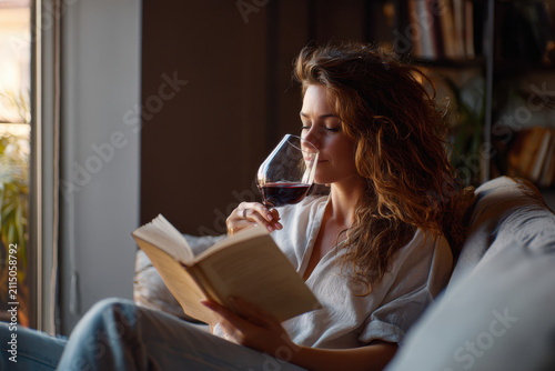 Young woman drinking red wine and reading a book at home