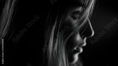 Womans profile in dramatic monochrome portraiture with artistic lighting