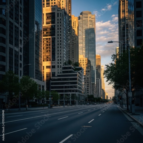 Urban Cityscape At Golden Hour With Tall Buildings And Empty Street