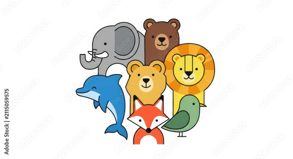 Fototapeta premium Cute Cartoon Animal Collection with Elephant, Lion, Bear, Dolphin, Fox, and Bird Vector Illustration on White Background
