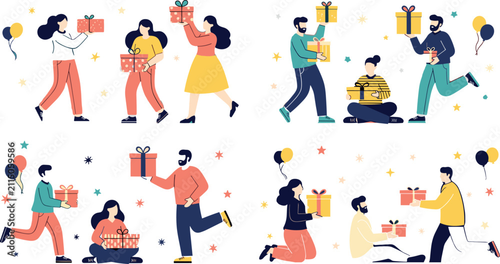 Fototapeta premium Happy People Celebrating and Exchanging Birthday Present Boxes Vector Illustration Character Set for Party Event New Year and Christmas Holiday Media Designs