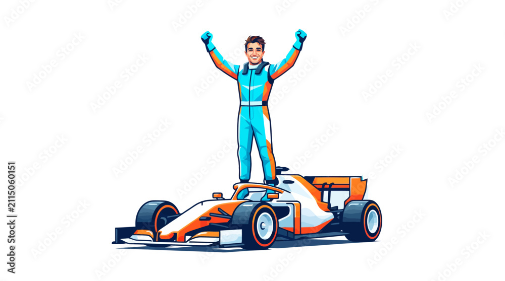 Fototapeta premium Formula one driver celebrating victory on race car with cheering crowd background vector illustration