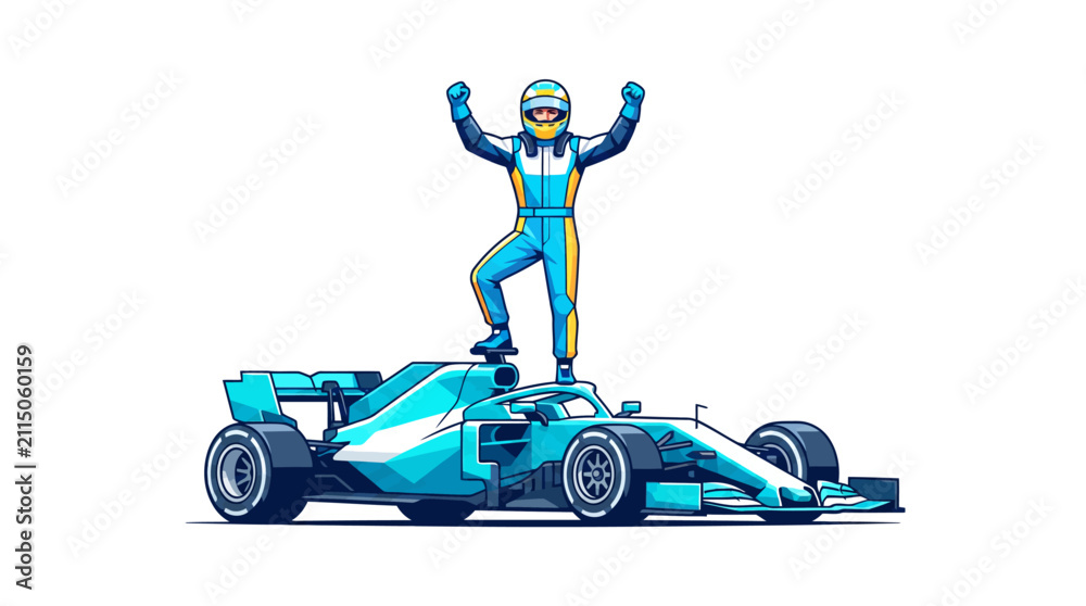 Fototapeta premium Formula 1 race car driver celebrating victory standing on top of blue racing car with arms raised in triumph on white background vector illustration