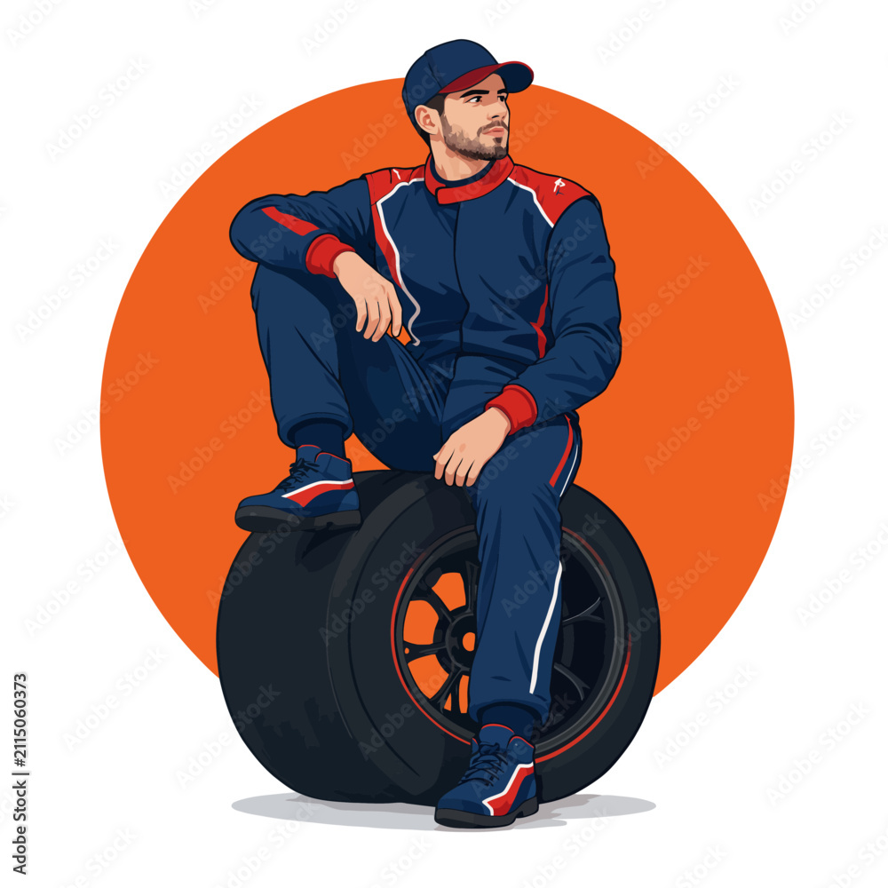 Obraz premium Illustration of a male racing driver sitting on a car tire wearing a blue racing suit and cap against an orange circular background