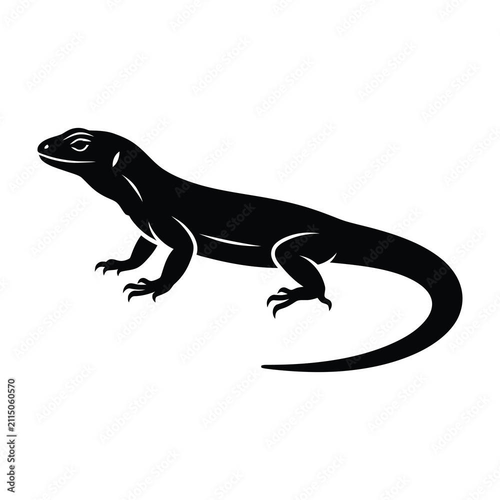 Fototapeta premium Black lizard silhouette standing on white background