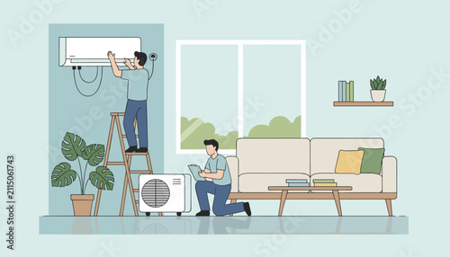 Technicians installing and inspecting an air conditioner unit in a modern living room