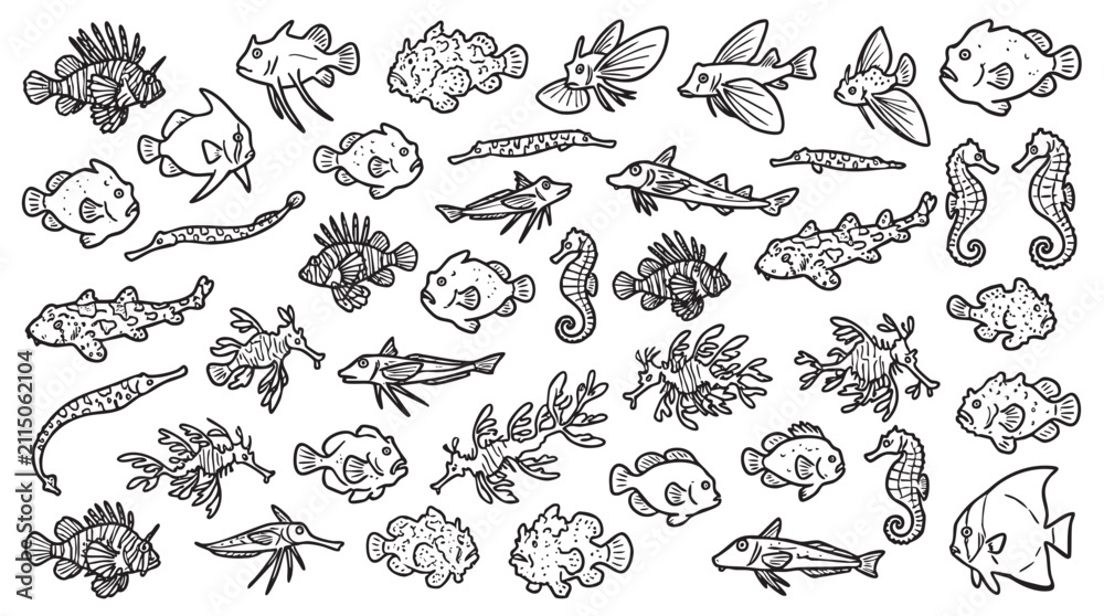 Obraz premium Various marine life creatures set, featuring different types of fish and seahorses.