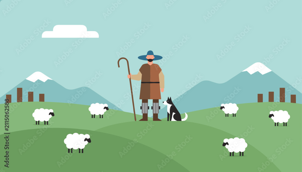 Naklejka premium Shepherd standing with staff and dog amidst flock of sheep in green mountain valley
