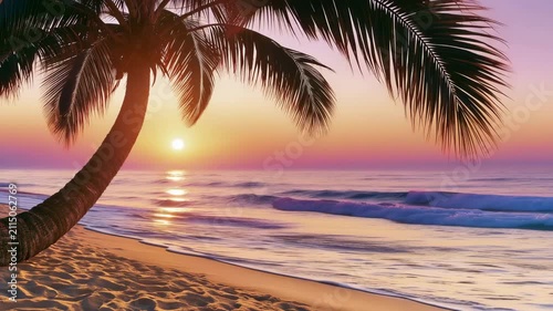 Tropical beach sunset with palm tree, concept travel, summer vacations, tropical destinations, relaxation, paradise