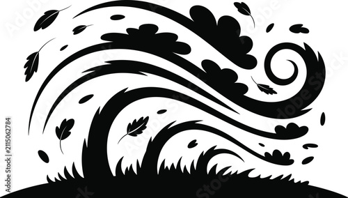 Canvas Print Black and white graphic representation of a storm wind blowing through trees and