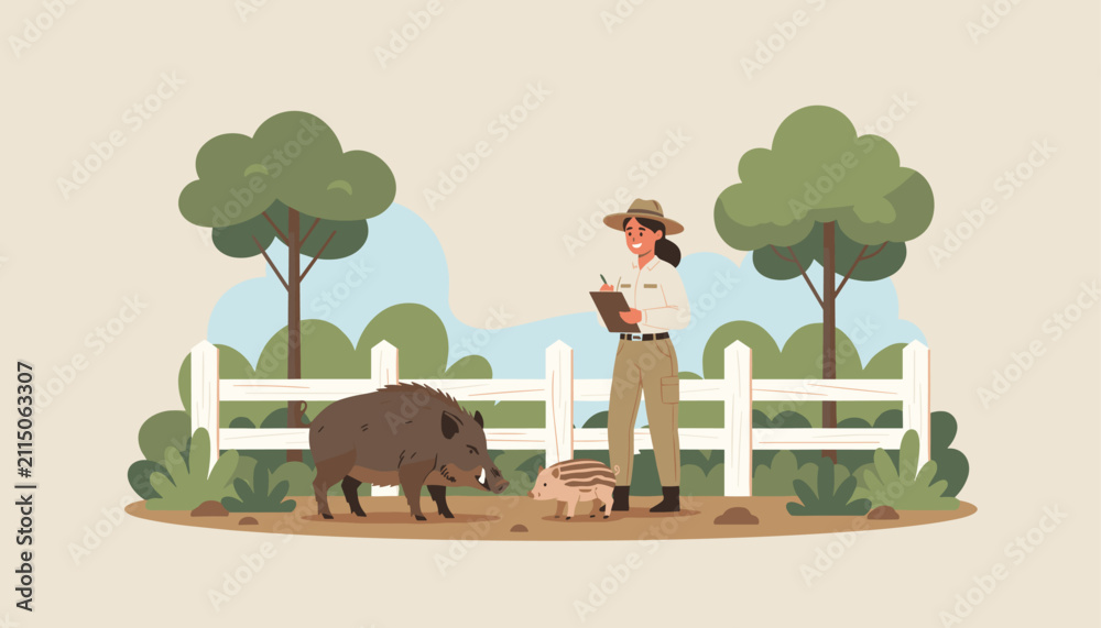 Fototapeta premium Wildlife ranger taking notes on clipboard near wild boar and piglet in nature reserve