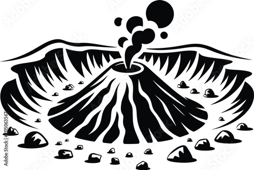 Vector illustration of a volcano inside a crater with rocks and erupting smoke plume mountain eruption illustration minimalist isolated silhouette geothermal landscape activity environment