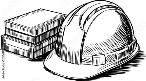 Fotografía Una línea en blanco y negro que presenta un casco de construcción protector junt