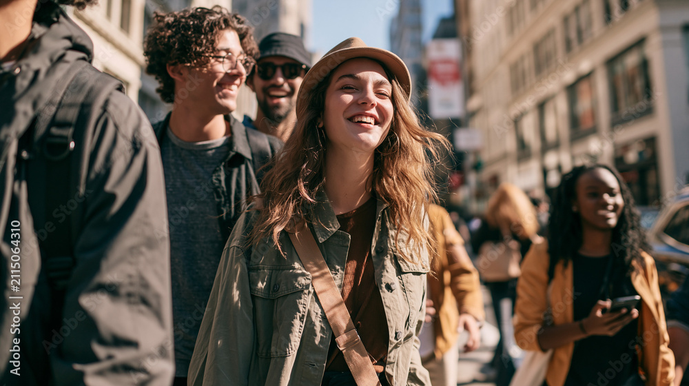 Obraz premium Diverse group of smiling friends walking through an urban city street during summer daytime leisure and shopping