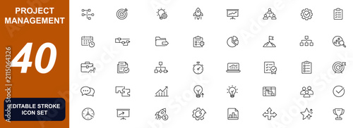 Fotografía Project management planning icon set with workflow, task tracking, teamwork, scheduling, leadership, productivity, roadmap, milestone, strategy and business organisation symbols