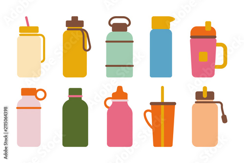 Canvastavla Una colección de botellas de agua reutilizables coloridas y vasos de viaje en un