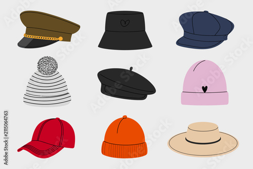 Foto Una colección de varios sombreros y gorras elegantes que incluyen gorros, boinas