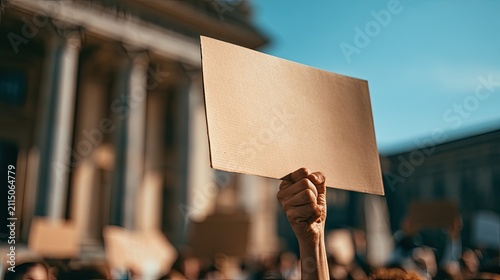Hand holding blank sign aloft at demonstration with classic building background