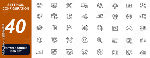 Settings and configuration icon collection for setup, installation, maintenance, repair, software update, control panel, system tools, customisation and gear mechanisms. Vector illustration