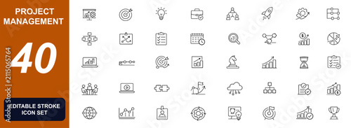 Project management icon set with planning, task tracking, workflow, team collaboration, startup growth, marketing strategy, goals and productivity tools vector illustration