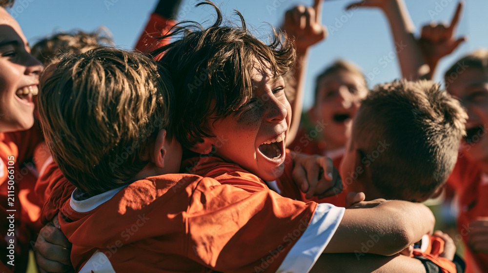 Obraz premium Kids in orange shirts cheering in outdoor soccer celebration, teamwork and victory moment with family and community