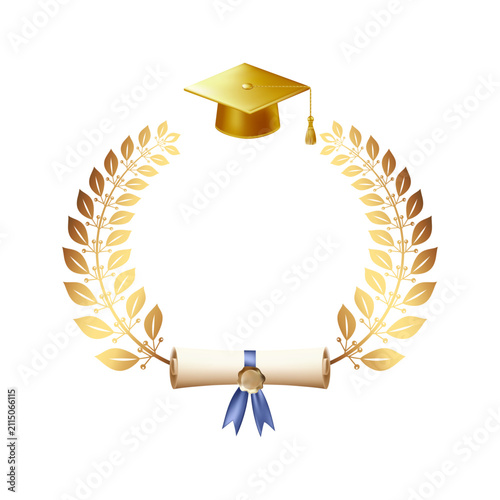 Elegant golden laurel wreath with graduation cap.