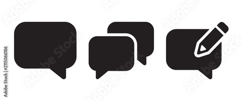 Three black featuring a speech bubble, two overlapping speech bubbles, and a speech bubble with a pencil, isolated on a white background