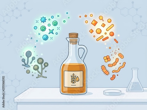 Laboratory glass bottle surrounded by floating microscopic organisms and chemical structures in scientific illustration with stylized glowing microorganisms