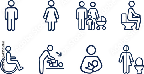 Linear outline restroom and accessibility signage icons with restroom, bathroom