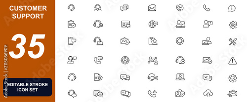 Customer support service icon set with helpdesk, call center, live chat, technical assistance, hotline, email contact, operator headset and customer care vector illustration