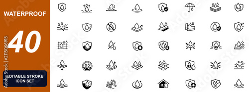 Fotografie Waterproof icon set with water resistant, hydrophobic protection, moisture barri