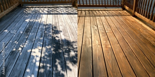 Weathered wood deck transformed with rich stain, showing before and after