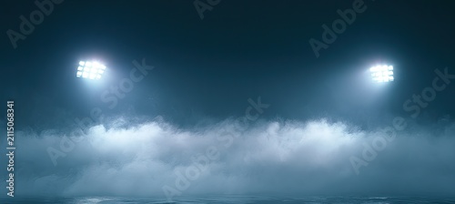 Bright stadium lights pierce through thick fog over reflective ground