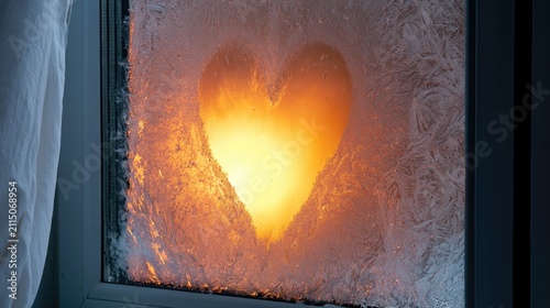 A glowing heart shape etched into frosty windowpane, backlit by warm light