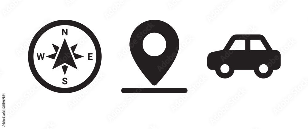 Fototapeta premium A set of three on a white background, featuring a compass, rose, a location, pin on a, horizontal line, and, a simple side, profile of a, car vehicle