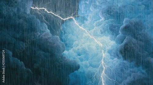 Electric bolt splits stormy, rain-lashed dark clouds, illuminating the sky