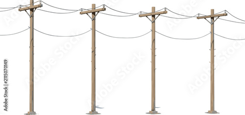 Wooden utility poles with electric power lines transmission cables infrastructure vector illustration isolated on white background