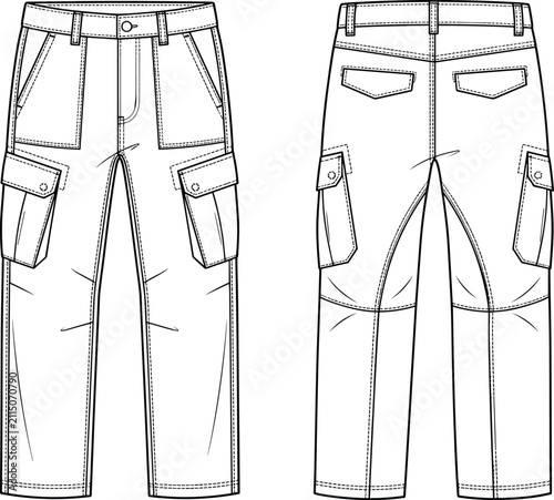 Bild auf Leinwand MobileMen Technical Cargo Pants Fashion Flat Sketch Front and Back View CAD Vect